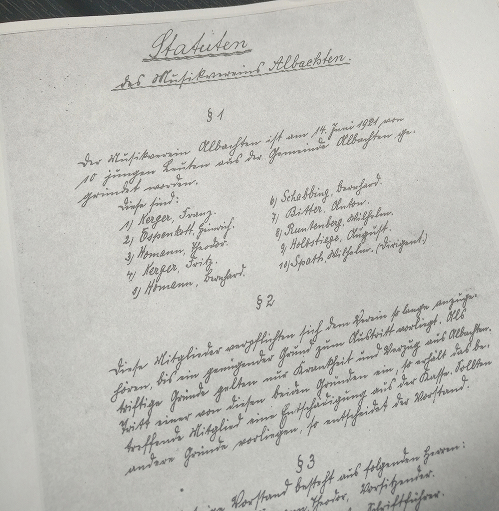 Foto des Abdrucks der ersten Satzung des Musikvereins Albachten von 1924, in der das Datum der Gründungsversammlung am 14.6.1921 genannt ist