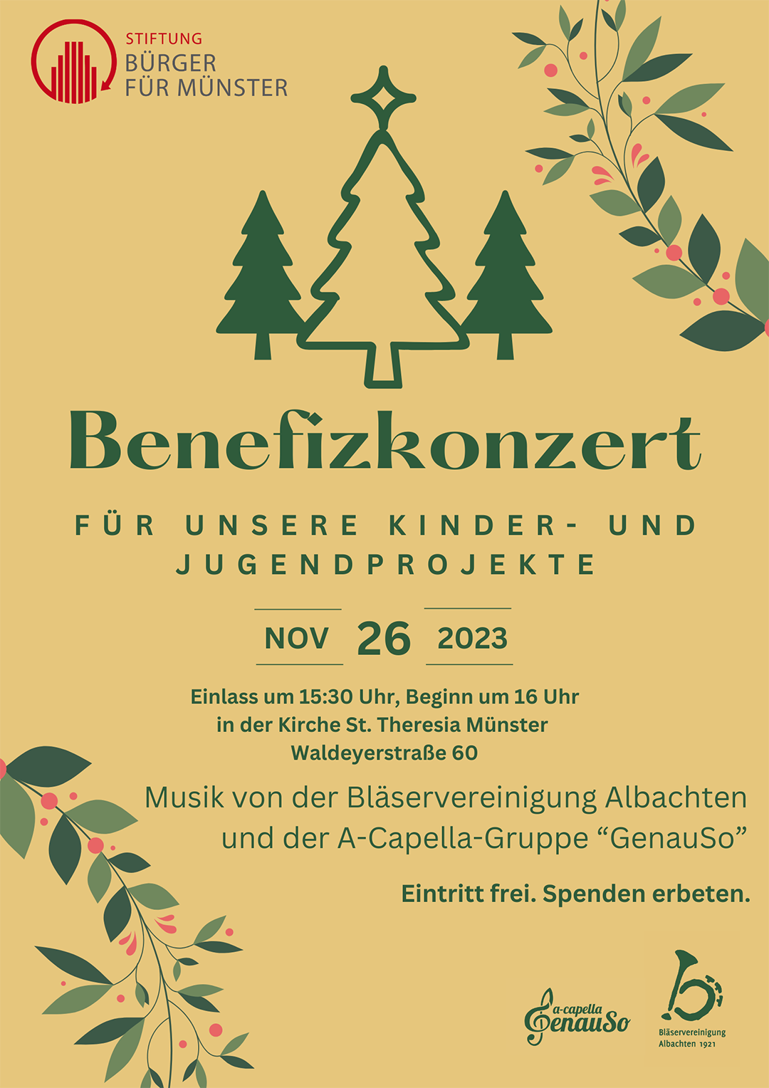 Plakat zum Konzert der Bläservereinigung Albachten 1921 in St. Theresia, Münster